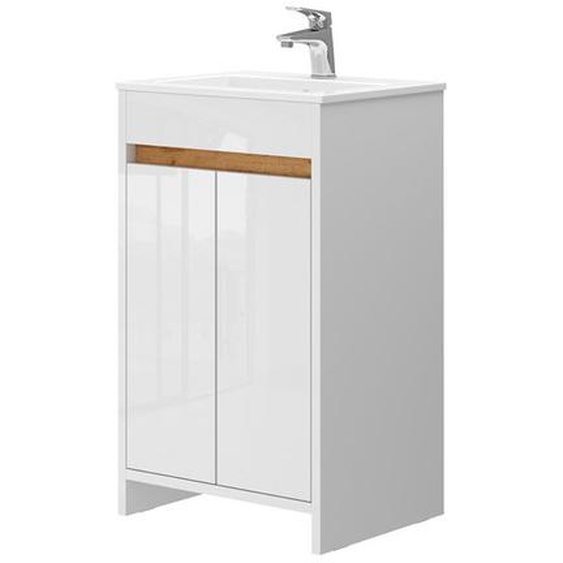 Vicco meuble de rangement de salle de bain Lemgo, Blanc, 2 parties, avec lavabo et 2 portes battantes