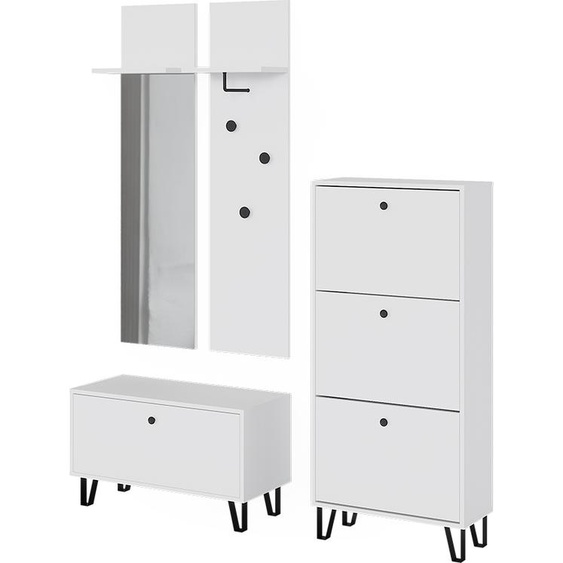 Vicco miroir mural Siri, Ensemble avec portemanteau mural, banc à chaussures et armoire à chaussures, Blanc