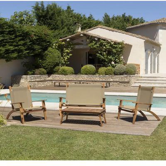 VICTOIRE - SALON DE JARDIN EN BOIS ACACIA 4 pers - 1 Canapé 2 places, 2 fauteuils et 1 table basse rectangulaire 100 x 50 cm