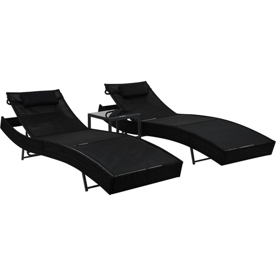 vidaXL 2x Bain de soleil avec table Poly rotin Noir Bain de soleil