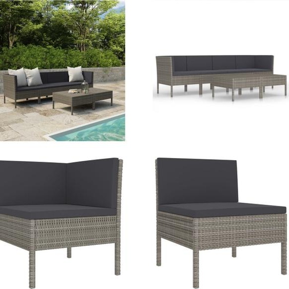 vidaXL 6 pcs. Garden Lounge Set with Auflagen Poly Rattan Grau - Ensemble de meubles de jardin - Garniture de jardin - Garniture de jardin