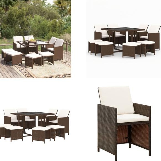 vidaXL 9 pcs. Salon de jardin avec coussins Poly Rotin Marron - Salon de jardin - Salon en poly rotin - Salon dextérieur