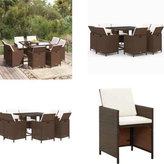 vidaXL 9 pcs. Salon de jardin avec coussins Poly Rotin Marron - Salon de jardin - Salon en poly rotin - Salon dextérieur