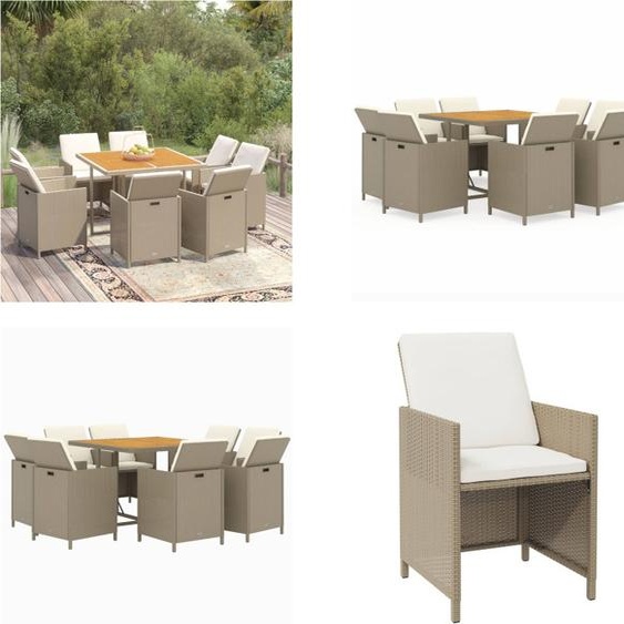 vidaXL 9 pcs. table de jardin avec coussins Poly Rotin Beige - Table de jardin - Table de jardin - Poly Rotin - Table dextérieur