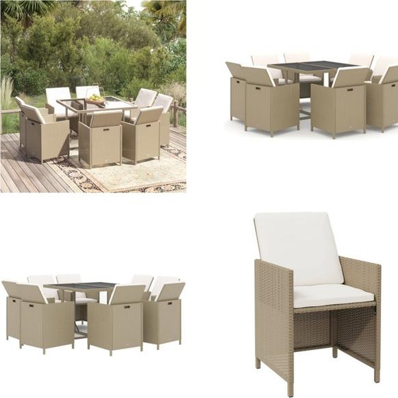 vidaXL 9 pcs. table de jardin avec coussins Poly Rotin Beige - Table de jardin - Table de jardin - Poly Rotin - Table dextérieur