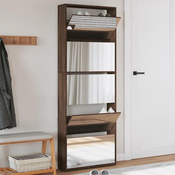 vidaXL Armoire à Chaussures Miroir 4 Niveaux, Étagère à Chaussures avec Rangement, Meuble à Chaussures Salon, Moderne, Chêne