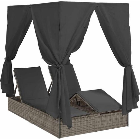 vidaXL Bain de soleil double avec toit Gris 205 x 129 x 200 cm rotin PE