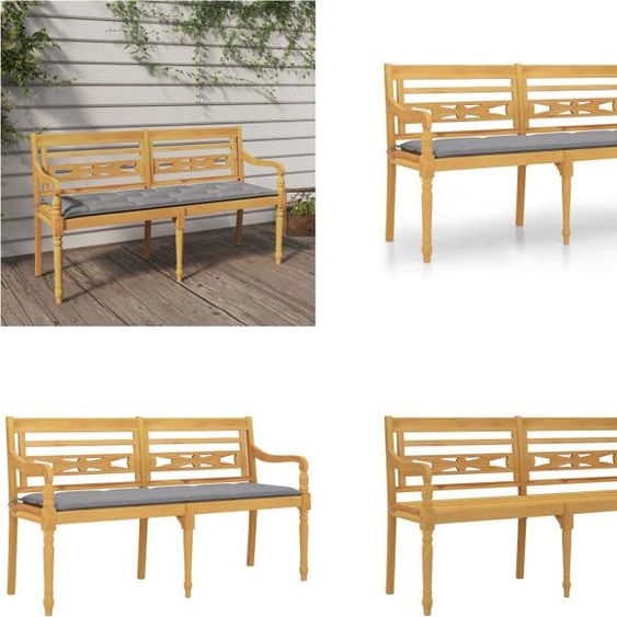 vidaXL Banc Batavia avec coussin gris 150 cm en teck massif - Banc - Bancs - Bancs de jardin - Banquette