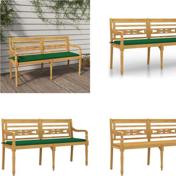 vidaXL Banc Batavia avec coussin vert 150 cm bois massif teck - Banc - Bancs - Banc de jardin - Banc