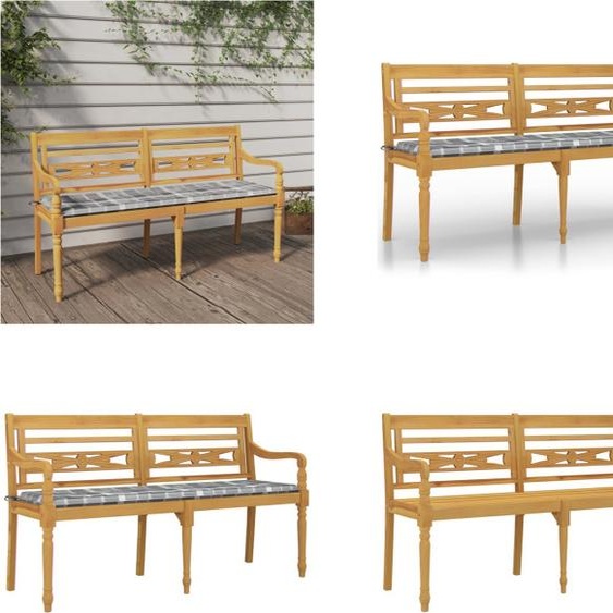 vidaXL Banc Batavia avec coussins, motif à carreaux gris, 150 cm, bois de teck massif - Banc - Bancs - Banc de jardin - Banc