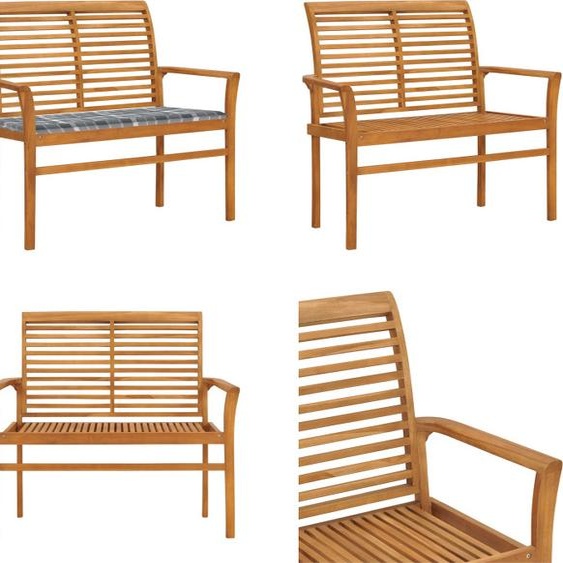 vidaXL Banc de jardin avec coussin à carreaux gris, 112 cm, en bois de teck massif - Banc de jardin - Bancs de jardin - Banc de terrasse - Bancs de terrasse