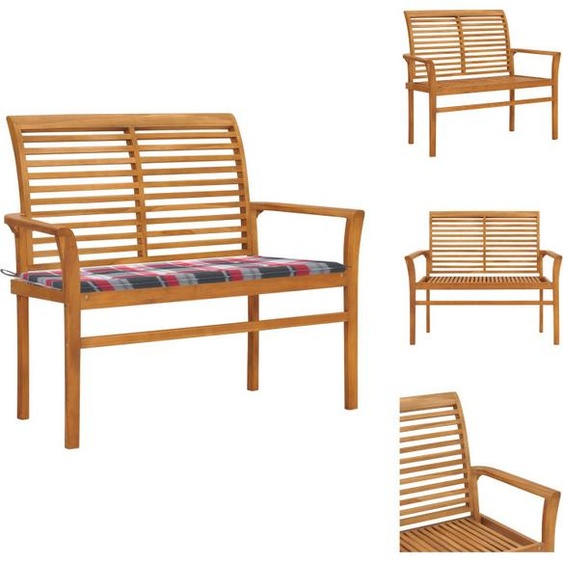 vidaXL Banc de jardin avec coussin à carreaux rouges, 112 cm, bois de teck massif - Bancs de jardin