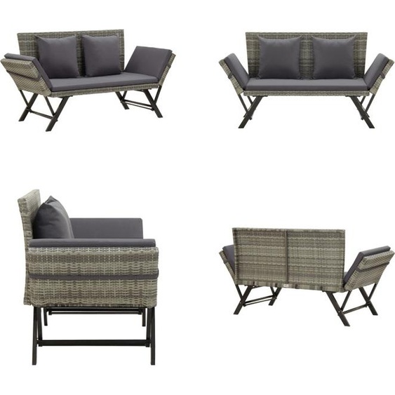 vidaXL Banc de jardin avec coussins 176 cm Gris Poly rotin - Bain de soleil extérieur - Bain de soleil extérieur - Bain de soleil