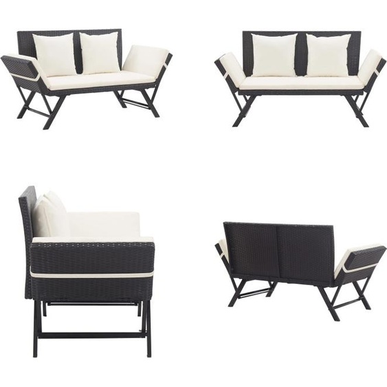 vidaXL Banc de jardin avec coussins 176 cm Noir Poly Rattan - Bain de soleil extérieur - Bain de soleil extérieur - Bain de soleil