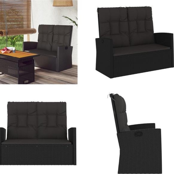 vidaXL Banc de jardin avec fonction chaise longue & coussins Noir 118cm Poly rotin - Banc de jardin - Banc - Banc dextérieur