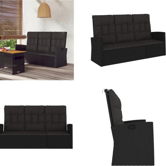 vidaXL Banc de jardin avec fonction chaise longue & coussins Noir 173cm Poly rotin - Banc de jardin - Banc - Banc dextérieur