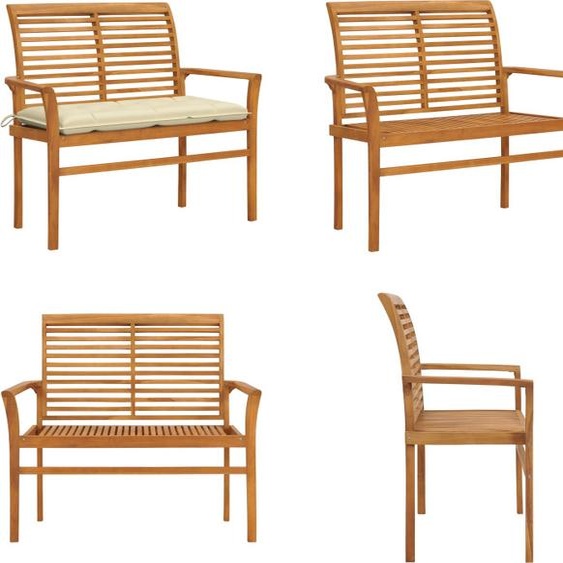 vidaXL Banc de jardin avec revêtement blanc crème 112 cm teck massif - Banc de jardin - Banc de terrasse - Banc de terrasse