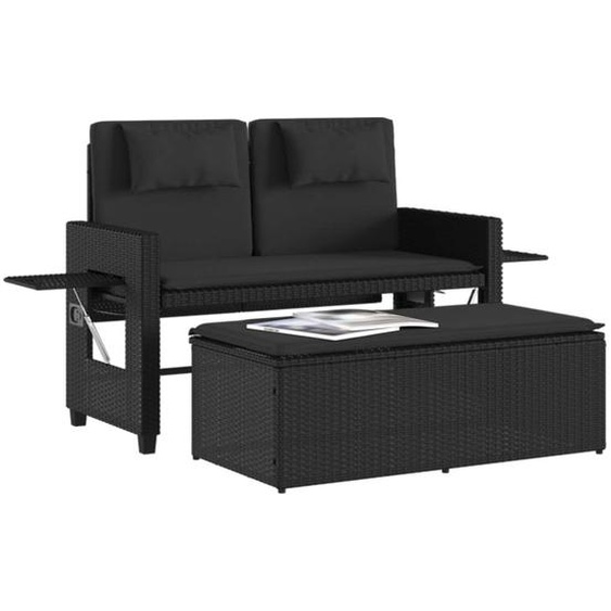 vidaXL Banc de jardin Réglable avec coussins Noir Poly Rattan