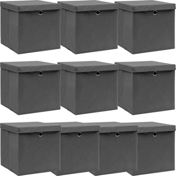 vidaXL Boîtes de rangement avec couvercles 10 pcs. Gris 32x32x32 cm Tissu