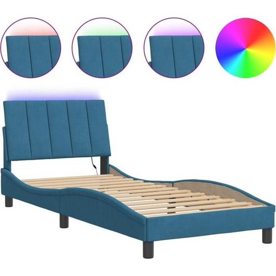 vidaXL Cadre de lit avec LED sans matelas Hanko bleu 90x200 cm velours