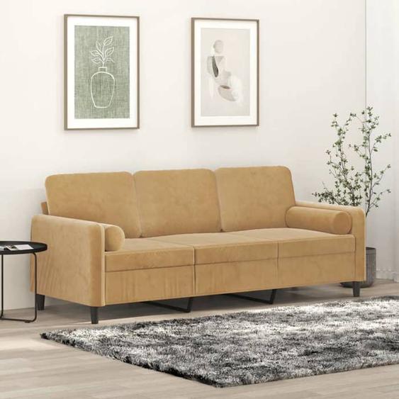 vidaXL Canapé 3 places avec oreillers décoratifs marron 180 cm velours, canapé, canapé de salon, canapé 3 places en velours,
