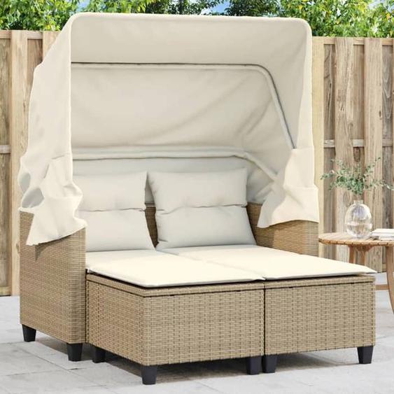 vidaXL Canapé de Jardin 2 Places avec Auvent et Tabourets Siège de Patio Meuble de Terrasse Balco Extérieur Beige Résine 365784