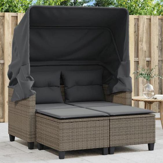 vidaXL Canapé de Jardin 2 Places avec Auvent et Tabourets Siège de Patio Meuble de Terrasse Balco Extérieur Gris Résine 365783