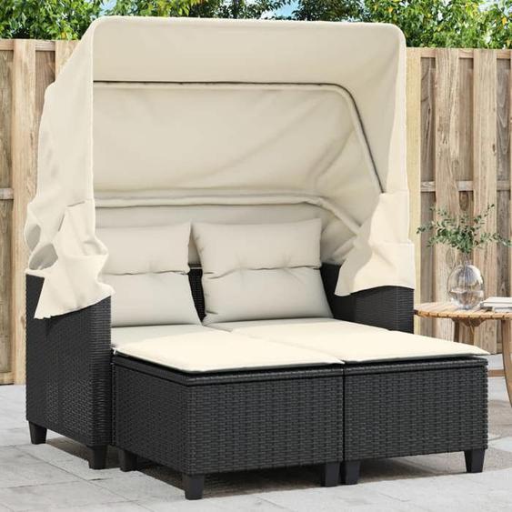 vidaXL Canapé de Jardin 2 Places avec Auvent et Tabourets Siège de Patio Meuble de Terrasse Balco Extérieur Noir Résine 365780