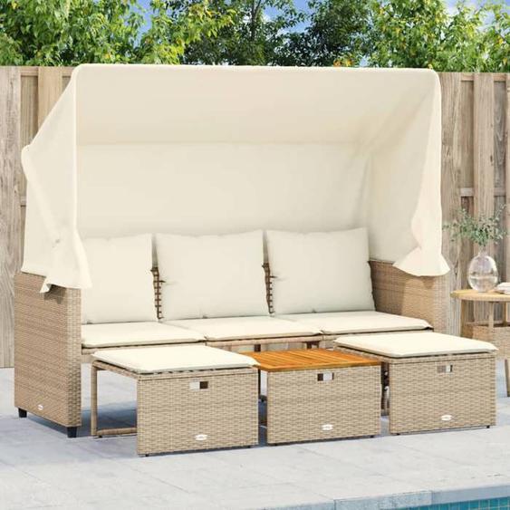 vidaXL Canapé de jardin 3 places avec auvent et tabourets beige rotin canapé dextérieur chaise longue de jardin banc de 365455