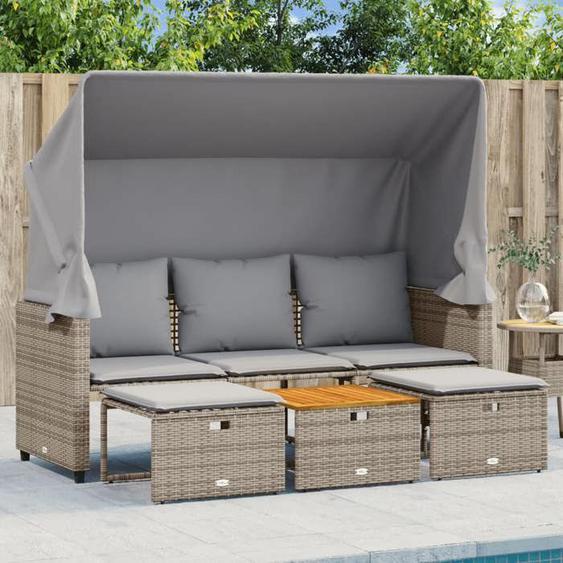 vidaXL Canapé de jardin 3 places avec auvent et tabourets gris rotin canapé dextérieur chaise longue de jardin banc de 365454