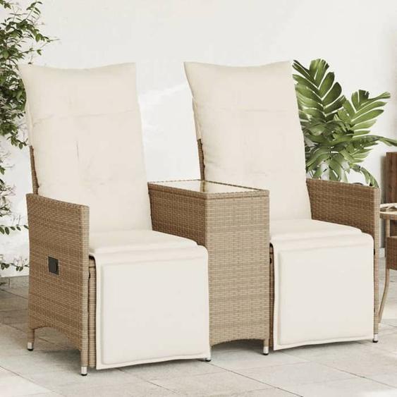 vidaXL Canapé de jardin inclinable 2 places avec table beige rotin, canapé de jardin, siège de jardin, meuble d’extérieur, 365718