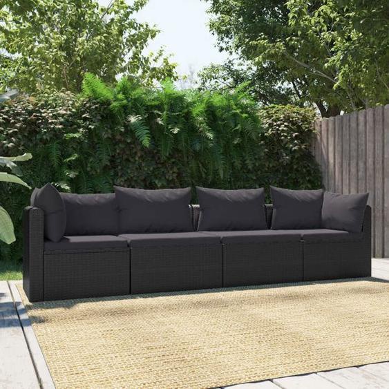 vidaXL Canapés de jardin 4 pcs avec coussins Résine tressée Noir