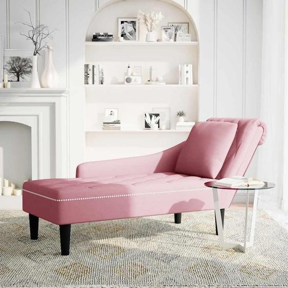 vidaXL Chaise longue avec coussin et accoudoir droit rose velours