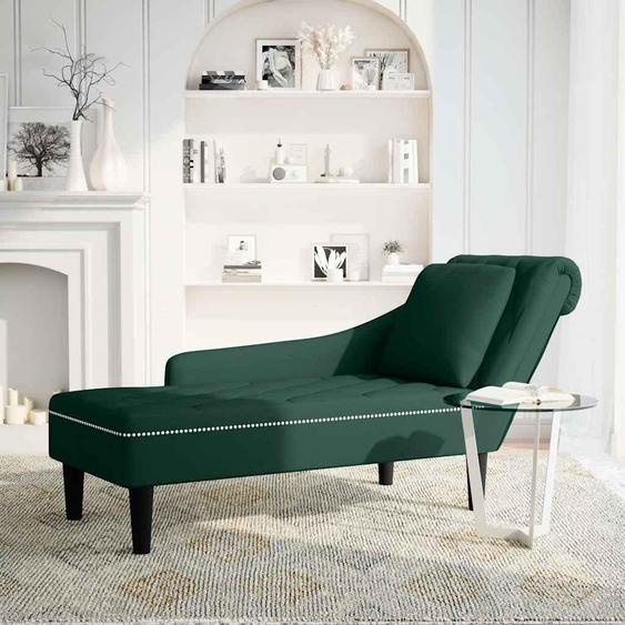 vidaXL Chaise longue avec coussin et accoudoir droit Vert foncé velours