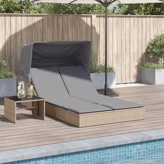 vidaXL Chaise longue double avec auvent et coussins beige poly rotin 368640
