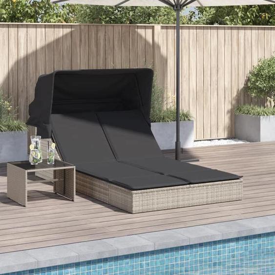 vidaXL Chaise longue double avec auvent et coussins gris clair rotin 368642