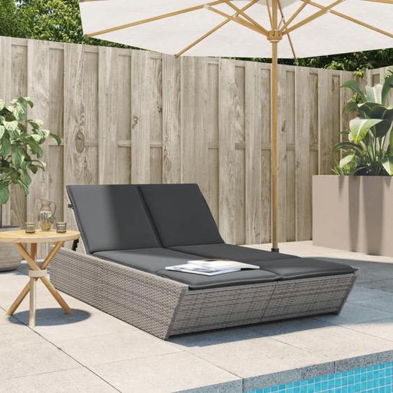 vidaXL Chaise longue double avec coussins gris résine tressée lit de bronzage chaise longue inclinable lit de jour 368181