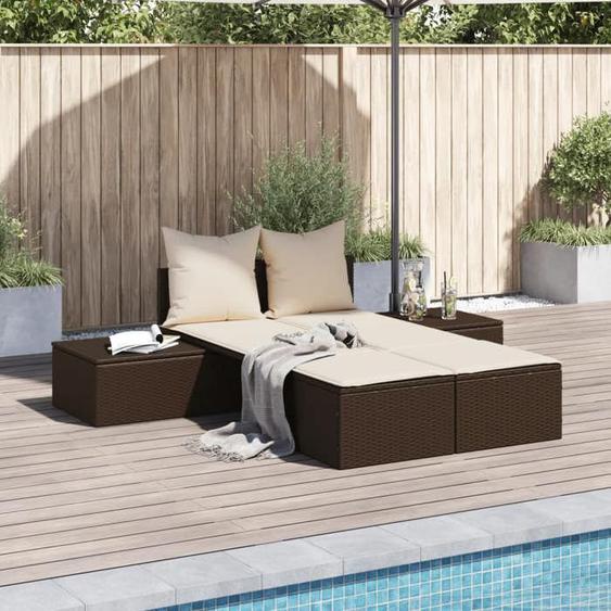 vidaXL Chaise longue double avec coussins marron résine tressée chaise longue chaise longue dextérieur lit de jour de 368390