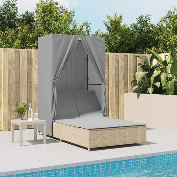 vidaXL Chaise longue double avec toit et rideaux beige résine tressée transat lit de jour dextérieur lit de jour de 368102
