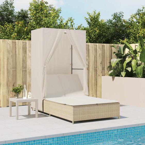vidaXL Chaise longue double avec toit et rideaux beige résine tressée transat lit de jour dextérieur lit de jour de 368103