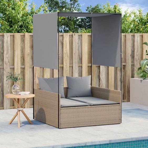 vidaXL Chaise longue double avec toit et rideaux beige résine tressée transat lit de jour dextérieur lit de jour de 4002758