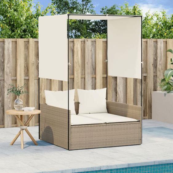 vidaXL Chaise longue double avec toit et rideaux beige résine tressée transat lit de jour dextérieur lit de jour de 4002759