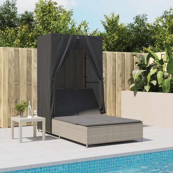 vidaXL Chaise longue double avec toit et rideaux gris clair poly rotin transat lit de jour dextérieur lit de jour de 368104