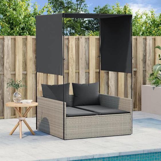 vidaXL Chaise longue double avec toit et rideaux gris clair poly rotin transat lit de jour dextérieur lit de jour de 4002760