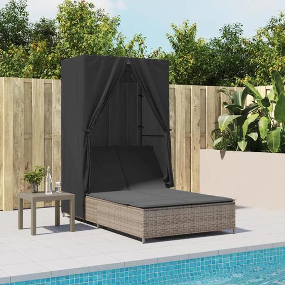 vidaXL Chaise longue double avec toit et rideaux gris résine tressée transat lit de jour dextérieur lit de jour de 368101