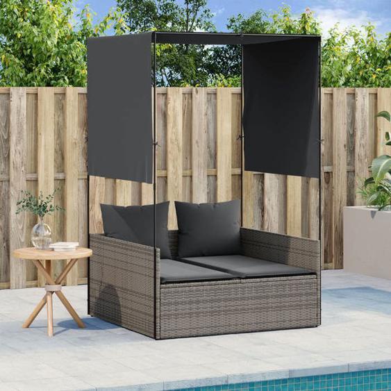 vidaXL Chaise longue double avec toit et rideaux gris résine tressée transat lit de jour dextérieur lit de jour de 4002757