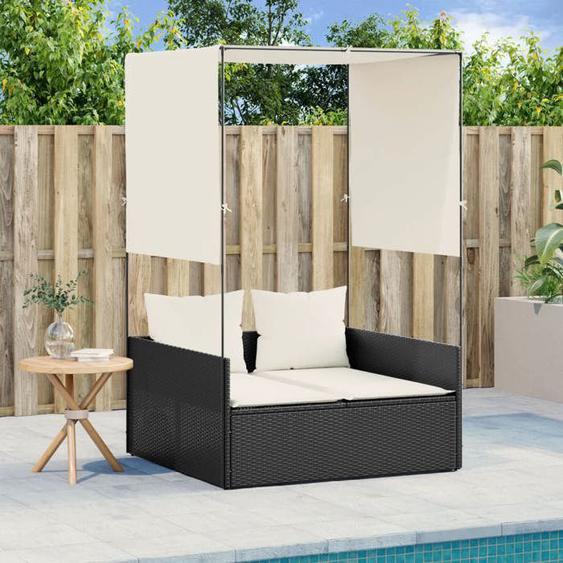 vidaXL Chaise longue double avec toit et rideaux noir résine tressée transat lit de jour dextérieur lit de jour de 4002755