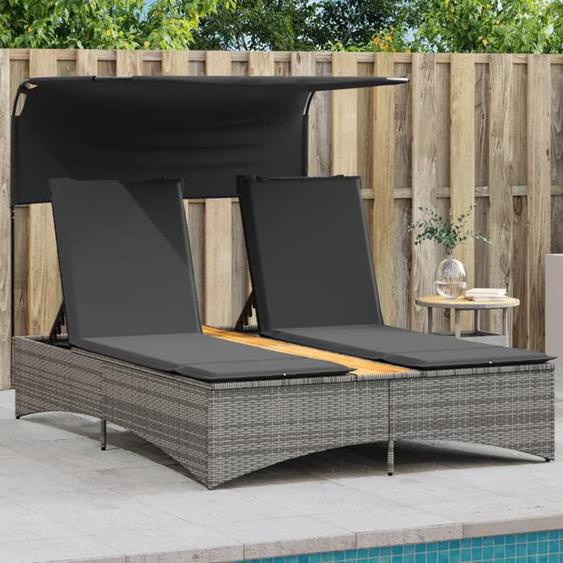 vidaXL Chaise longue double et auvent et coussins gris résine tressée lit de bronzage chaise longue inclinable lit de 365622