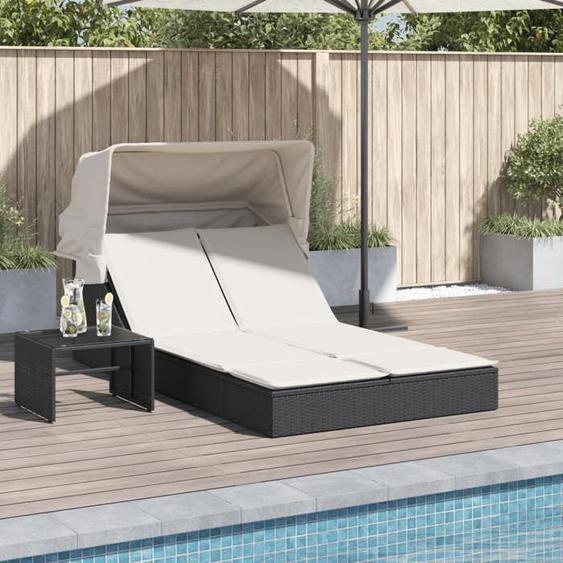 vidaXL Chaise longue double et auvent et coussins noir résine tressée 368637