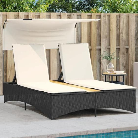 vidaXL Chaise longue double et auvent et coussins noir résine tressée lit de bronzage chaise longue inclinable lit de 365621